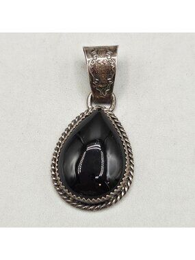 Navajo PY Sterling Silver Black Onyx Teardrop Pendant Southwestern Vintage 9g
